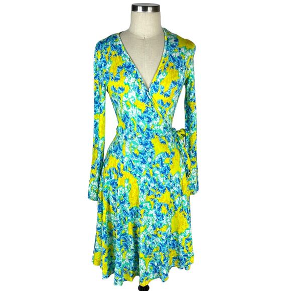 YUMI KIM Vibrant Yellow Green Floral Wrap Jersey Mini Dress Women's Small NWT - Picture 1 of 7